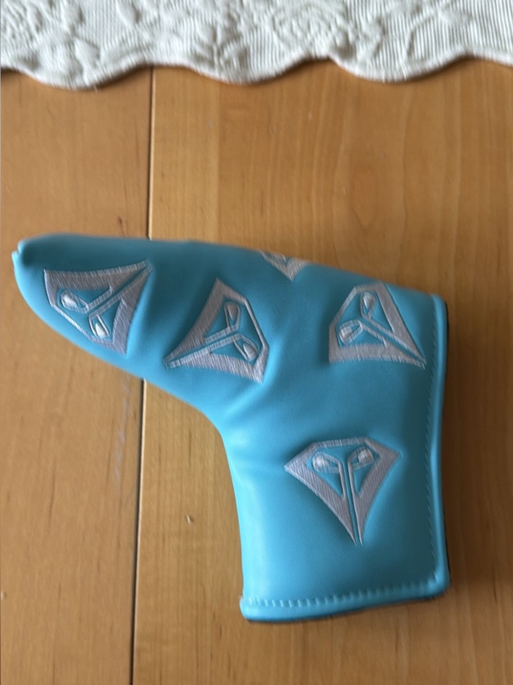 Turquoise Blue Putter Headcover with Silver Embroidered Logos from La Vita